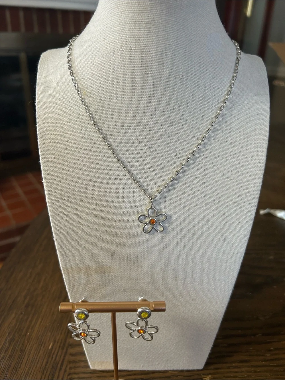 Sabika Jewelry Silver Flower Necklace and Earrings Set, Orange and Yellow Stones